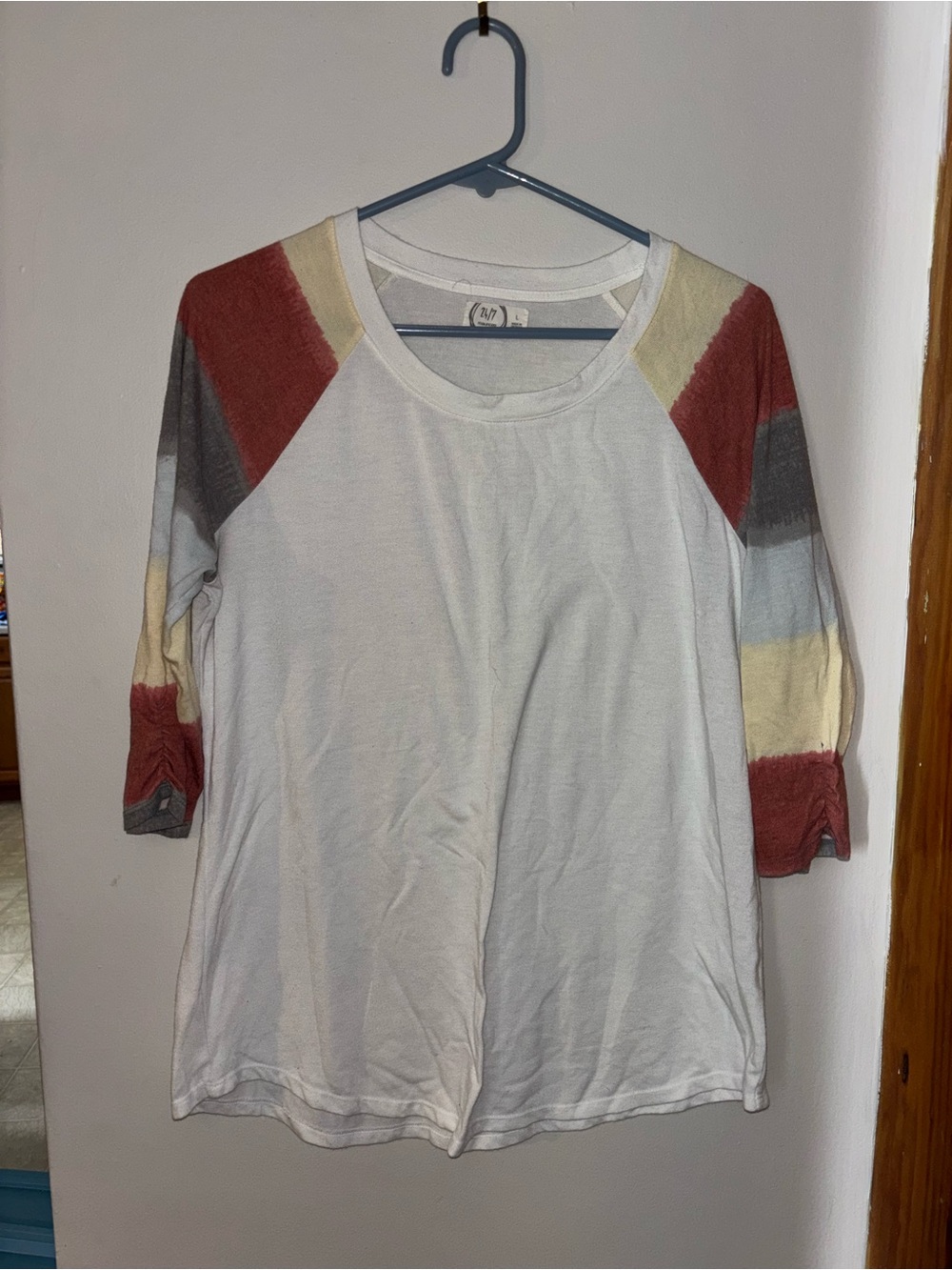 Maurices White Raglan Tee with Rust, Gray, Cream and Pale Blue Sleeve Stripes